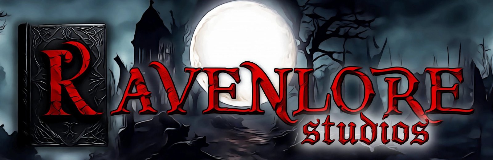 Ravenlore Studios — a black book with a cracked red R, full moon rising over a gothic castle in the mist