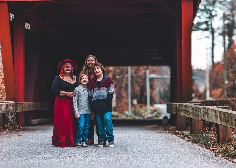 The Cochrine family — inside the covered bridge