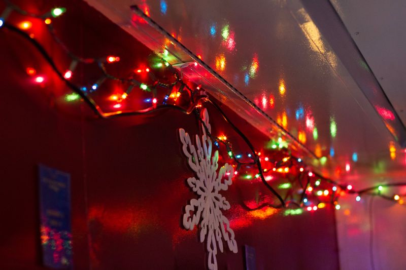 Still life — Christmas lights reflected in the window